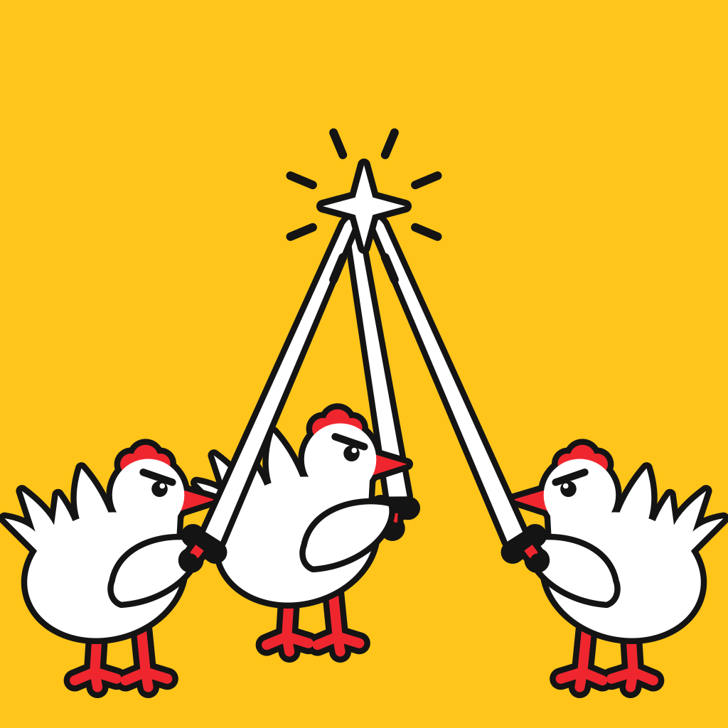Three chickens with swords